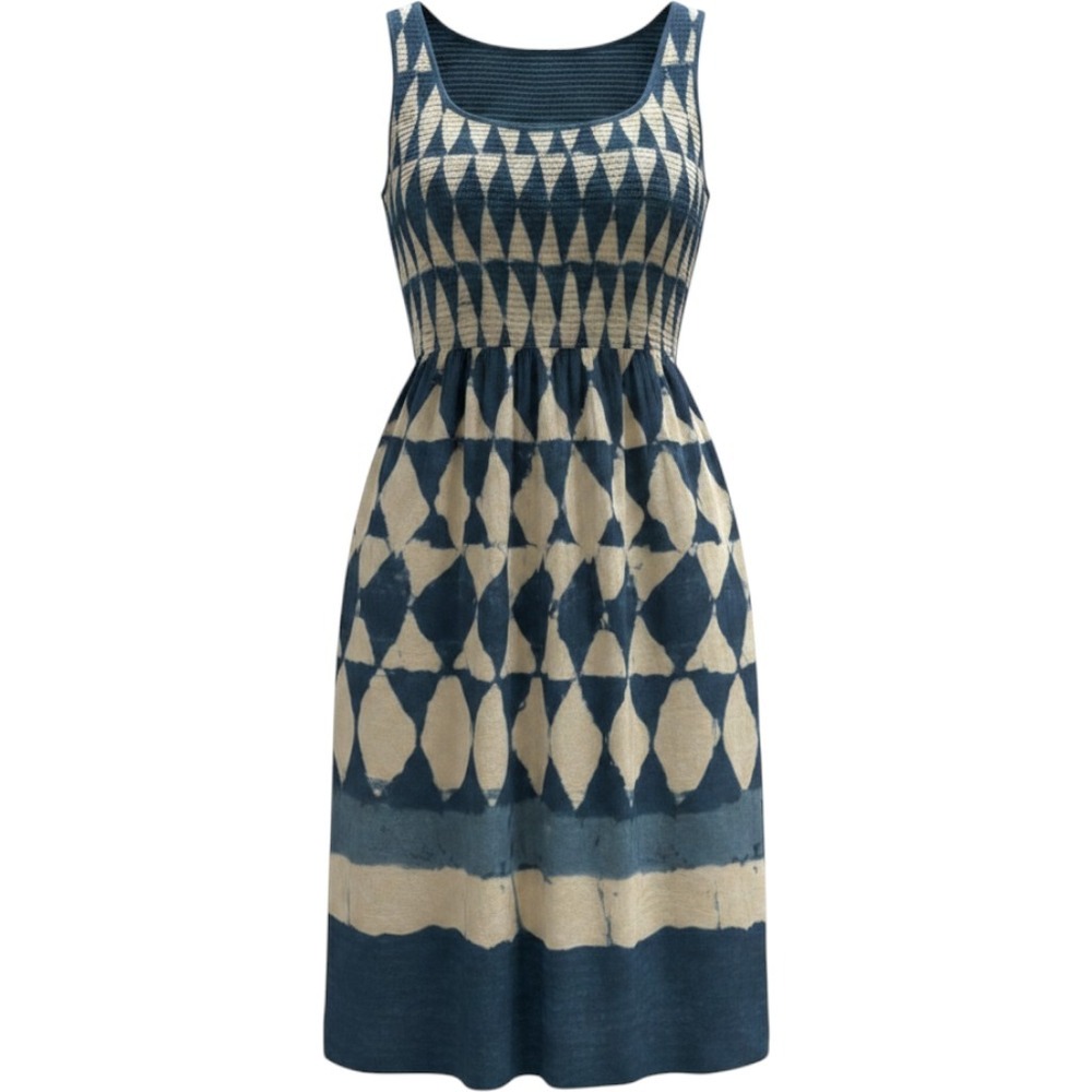 Maeve Anthropologie Blue White Diamond Shibori Smocked Midi Dress Pockets Size 0